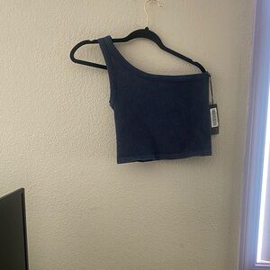 Navy One-Shoulder Ribbed Tank Top